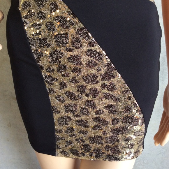 🍒 ANIMAL PRINT LEPORD DRESS MINI SHORT BLING GOLD CLUB SLIM PETITE SPARKLE - Picture 4 of 7